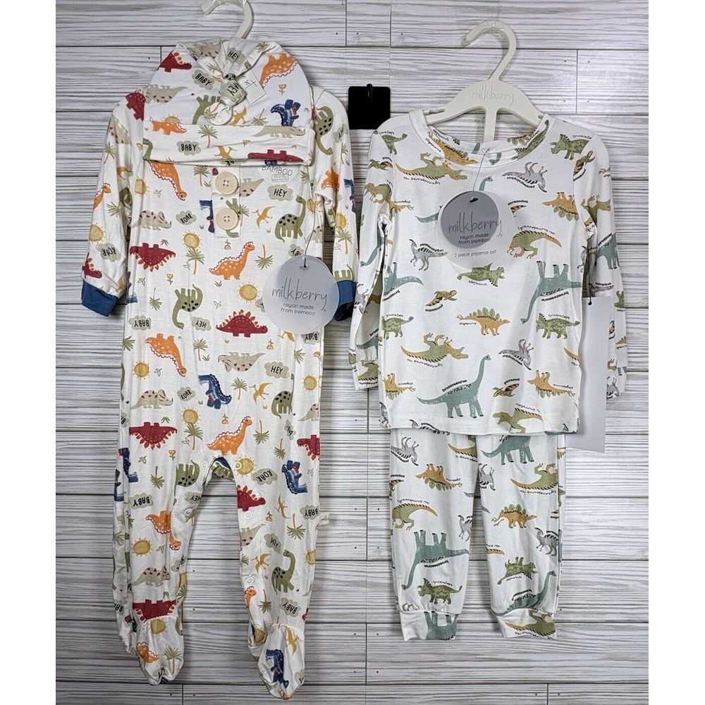 NWT! Milkberry Bamboo Boys 2 Pk Dinosaurs Pajama Sets Sz 6-9 Mo & 12 Mo